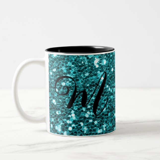  Personalized Teal Glitter Two-Tone Coffee Mug (Left)