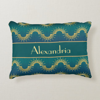 Personalized Teal & Gold Art Deco Sunburst Name Accent Pillow