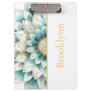 Personalized Teal Gold Floral Mandala Clipboard