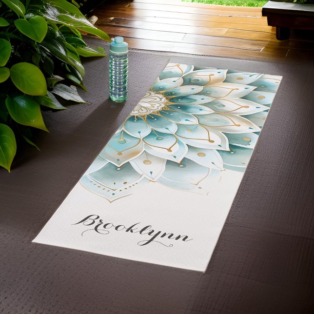 Personalized Teal Gold Floral Mandala Yoga Mat (Creator Uploaded)