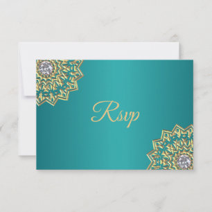 Personalized Teal Gold Indian Mandala RSVP Wedding Card
