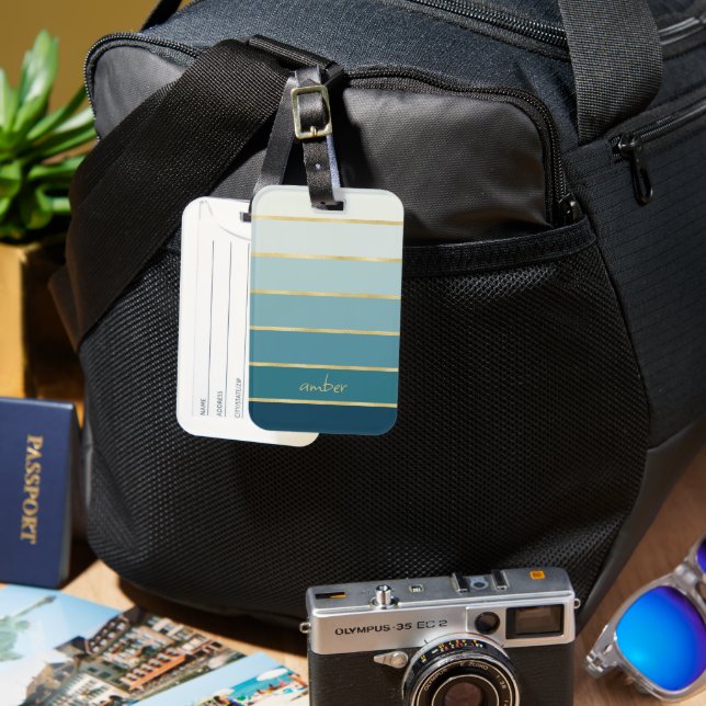 Personalized Teal Gradient Gold Stripes Luggage Tag (Front & Back)