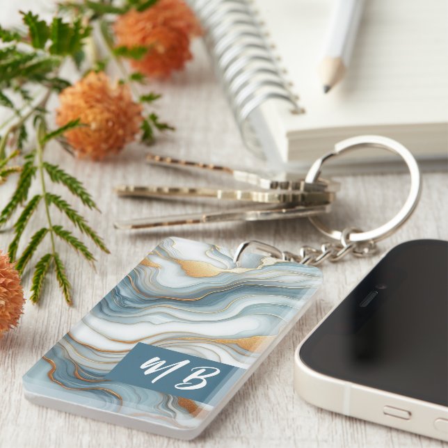 Personalized Teal Gray Blue Gold Marble Art Keychain (Front Right)