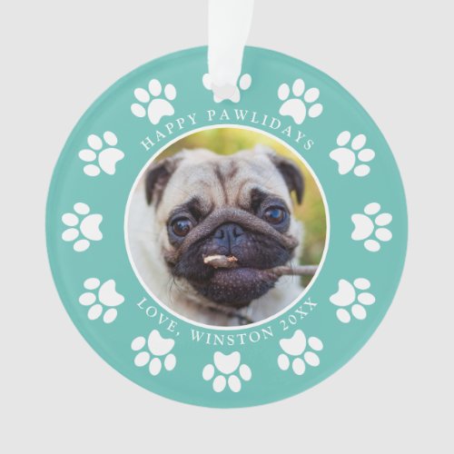 Personalized Teal Happy Pawlidays Dog Photo Ornament