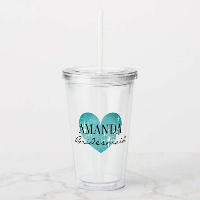 Personalized teal heart bridesmaid party favor acrylic tumbler (Front)