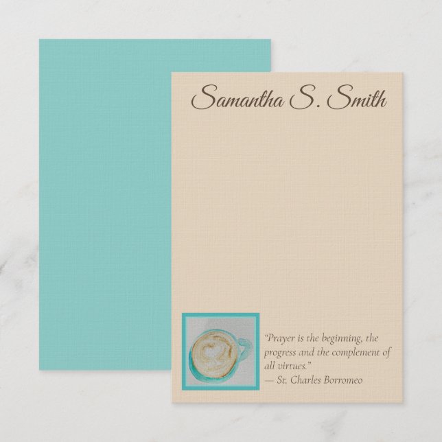 Personalized Teal Heart Coffee Cup Flat Note Card (Front/Back)