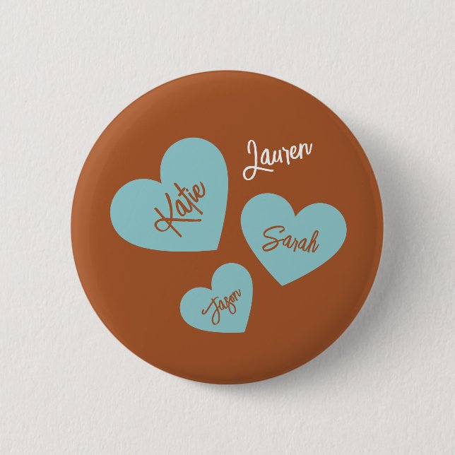 Personalized Teal Hearts With Children's Names Button (Front)