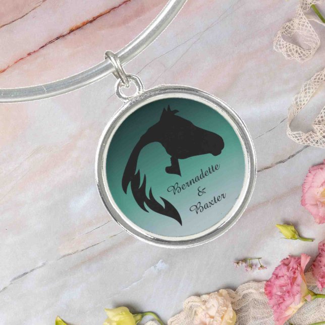 Personalized Teal Horse and Owner Name Bangle Bracelet (Creator Uploaded)