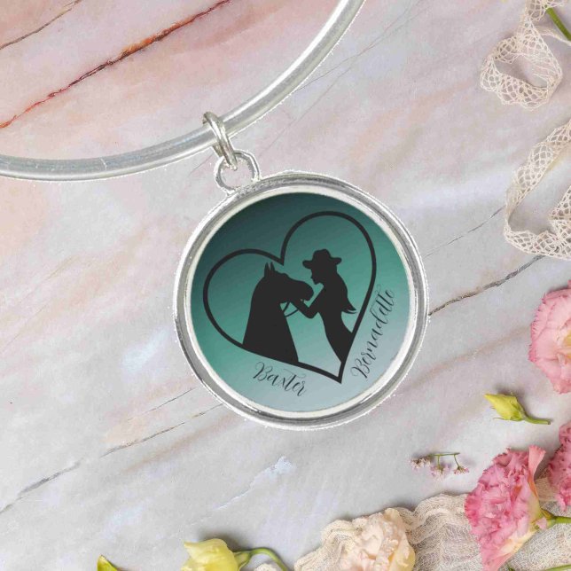 Personalized Teal Horse and Owner Name Bangle Bracelet (Creator Uploaded)