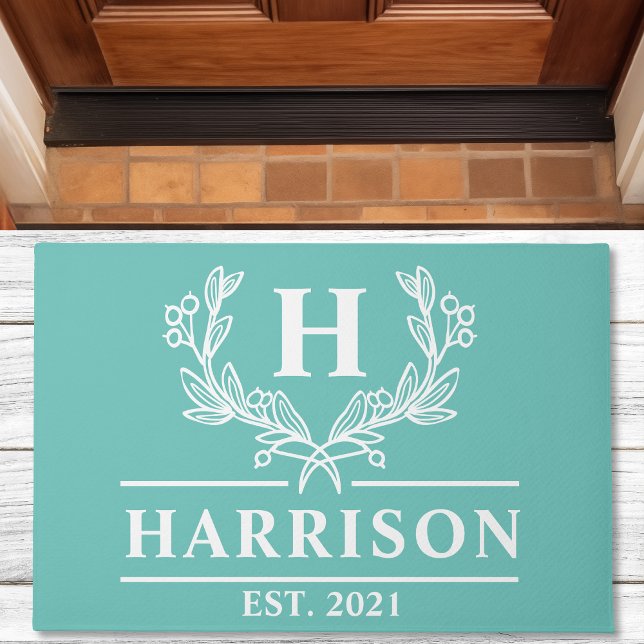 Personalized Teal Laurel Monogram Doormat (Creator Uploaded)