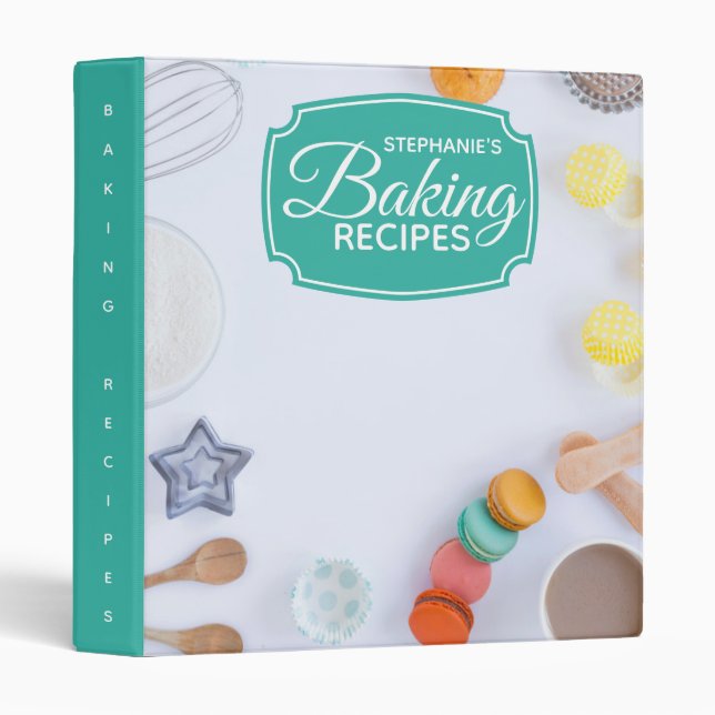 Personalized Teal Macaron Baking Recipe 3 Ring Binder (Front/Spine)