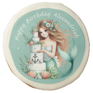 Personalized Teal Mermaid Beach Birthday favor  Sugar Cookie