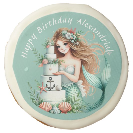 Personalized Teal Mermaid Beach Birthday favor Sugar Cookie (Front)