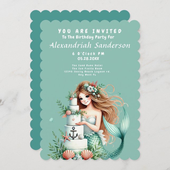 Personalized Teal Mermaid Beach Birthday Invite (Front/Back)