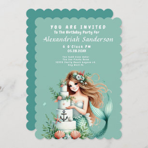 Personalized Teal Mermaid Beach Birthday Invite
