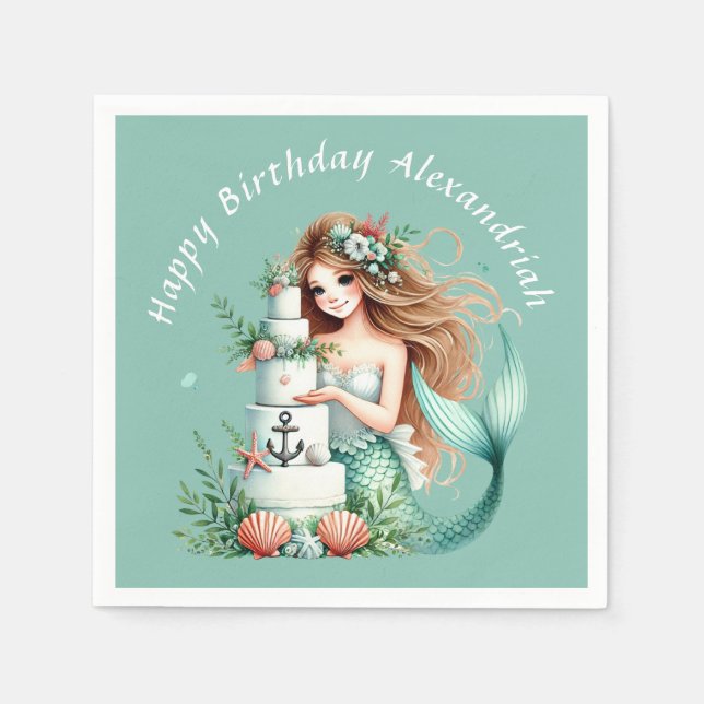 Personalized Teal Mermaid Beach Birthday Invite Napkins (Front)