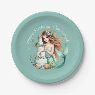 Personalized Teal Mermaid Beach Birthday Invite Paper Plates