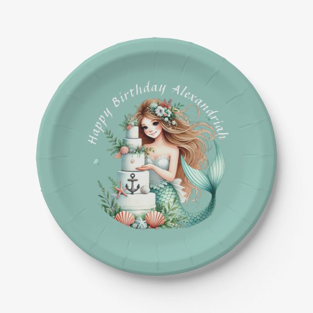 Personalized Teal Mermaid Beach Birthday Invite Paper Plates (Front)