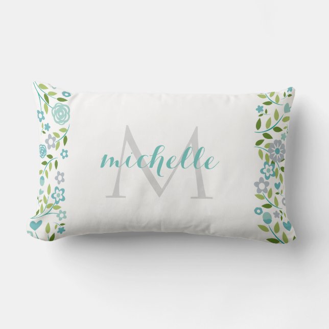 Personalized Teal Mint Floral Monogram Pattern Lumbar Pillow (Front)