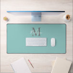 Personalized Teal Modern Script Monogram Name Desk Mat<br><div class="desc">Add a makeover to your office with this Personalized Teal Modern Script Monogram Name Desk Mat.  It is designed with a customizable pastel teal background.  The initial is in grey on upper center with name in white hand lettered script.  CLICK PERSONALIZE TEMPLATE DESIGN AND FOLLOW THE PROMPTS.</div>
