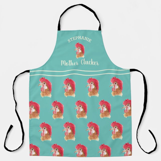 Personalized Teal Mother Clucker Chicken Pattern Apron (Front)