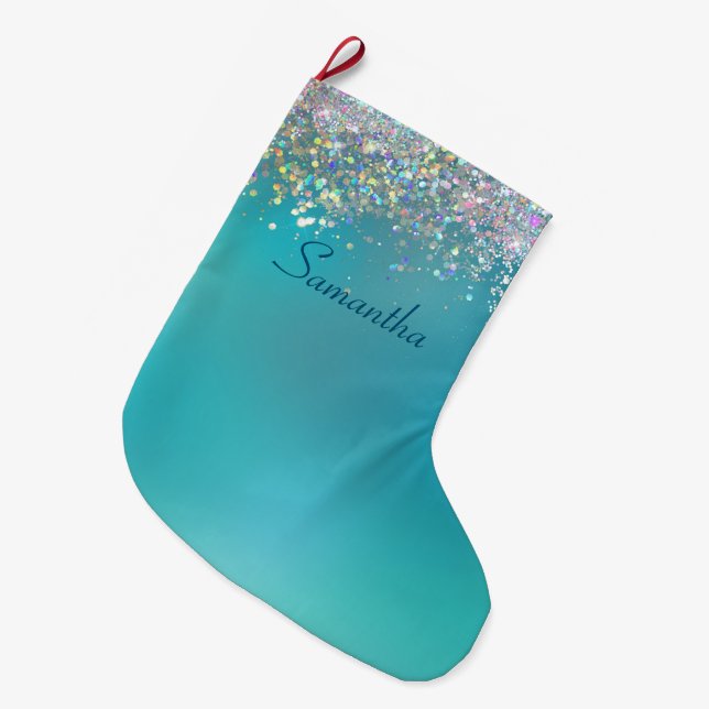 Personalized Teal Ombre Holographic Glitter Large Christmas Stocking (Front (Hanging))