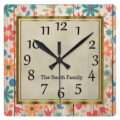 Personalized Teal Orange Red Floral on Gray Wood Square Wall Clock
