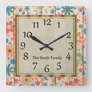 Personalized Teal Orange Red Floral on Gray Wood Square Wall Clock
