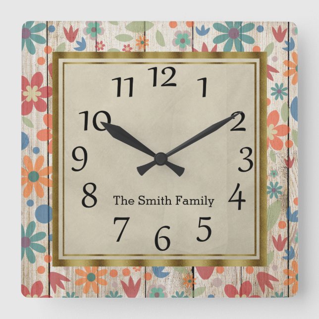 Personalized Teal Orange Red Floral on Gray Wood Square Wall Clock (Front)