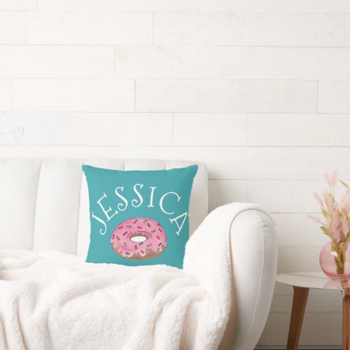 Personalized Teal Pink Donut Doughnut Sprinkles Throw Pillow