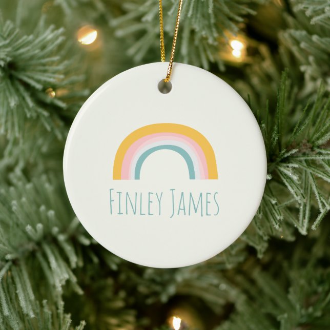 Personalized Teal Pink Yellow Rainbow Cute Simple Ceramic Ornament (Tree)