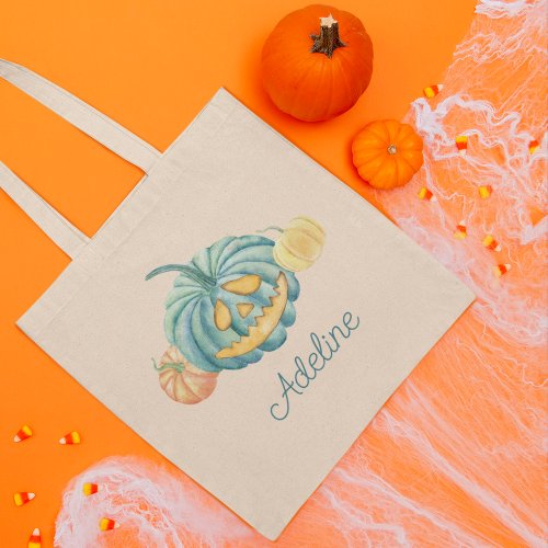 Personalized Teal Pumpkin Halloween Trick or Treat Tote Bag