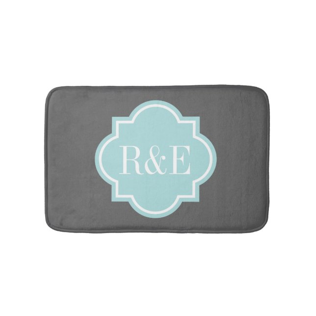 Personalized teal quatrefoil monogram bath mat (Front)