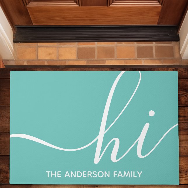 Personalized Teal Script Hi Doormat (Creator Uploaded)