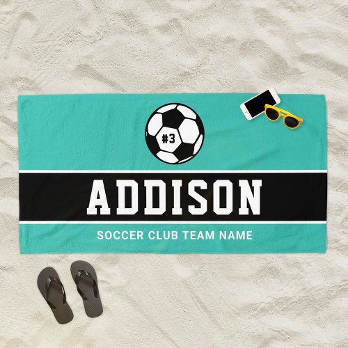 Personalized Teal Soccer Player Name Beach Towel