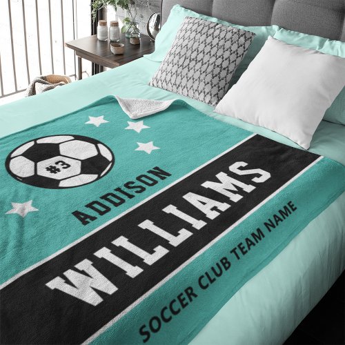 Personalized Teal Soccer Player Name Fleece Blanket
