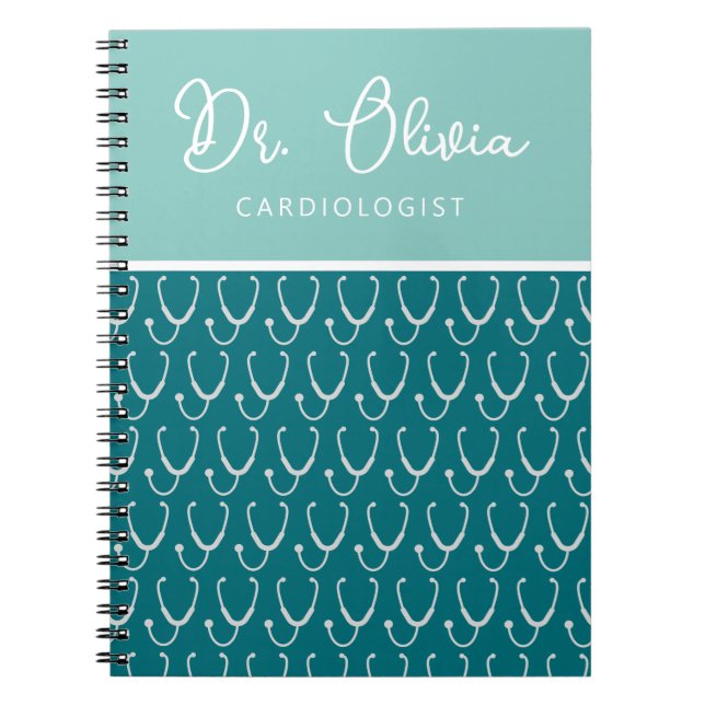 Personalized Teal Stethoscope Pattern Doctor Notebook (Front)