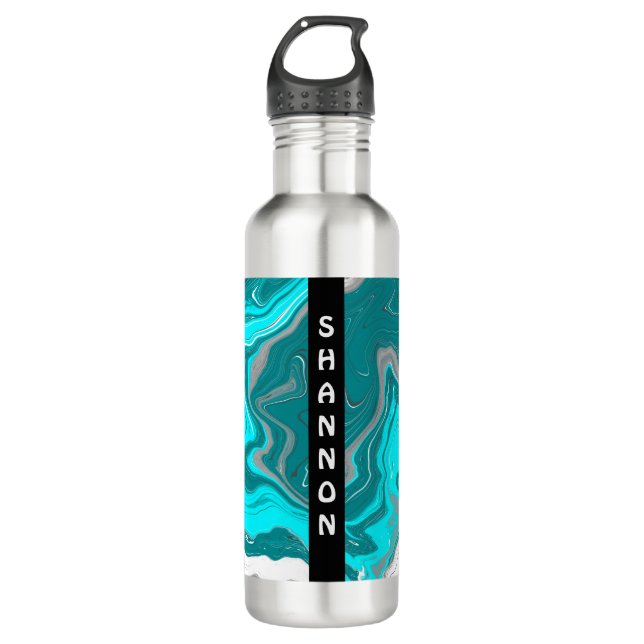 Personalized Teal, Turquoise Marble Fluid Art    Stainless Steel Water Bottle (Front)