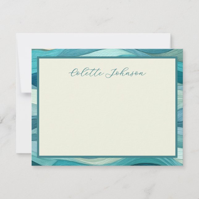 Personalized Teal Wave Border  Note Card (Front)
