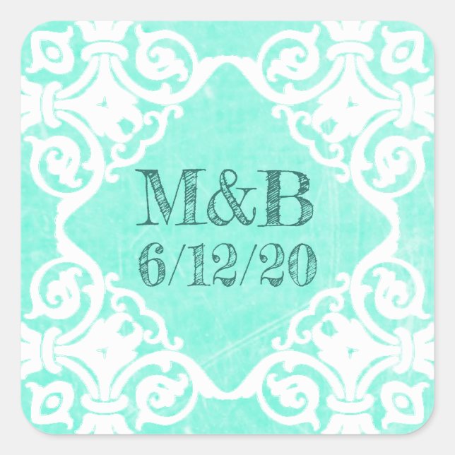 Personalized Teal Wedding Date & Initials Stickers (Front)