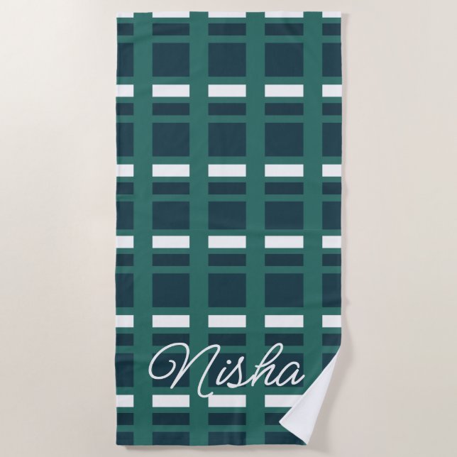 Personalized Teal White Blue Checkered Plaid Beach Towel (Front)