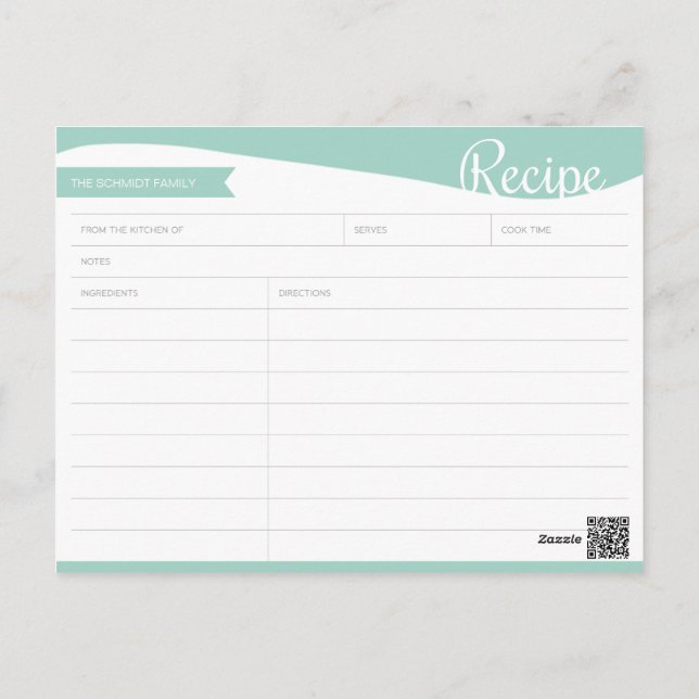 Personalized Teal & White Recipe Card (Back)