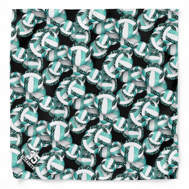 Personalized teal white zebra accent volleyballs bandana (Front)