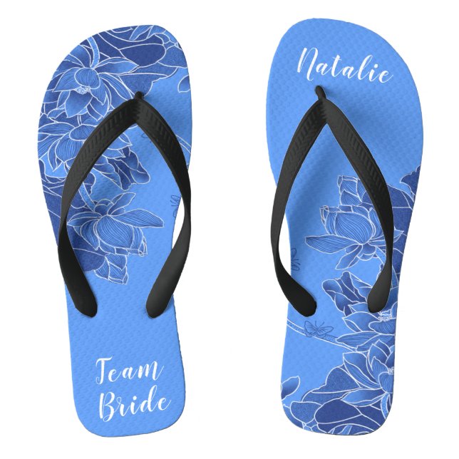  Personalized Team Bride Favor Blue Lotus Floral Flip Flops (Footbed)