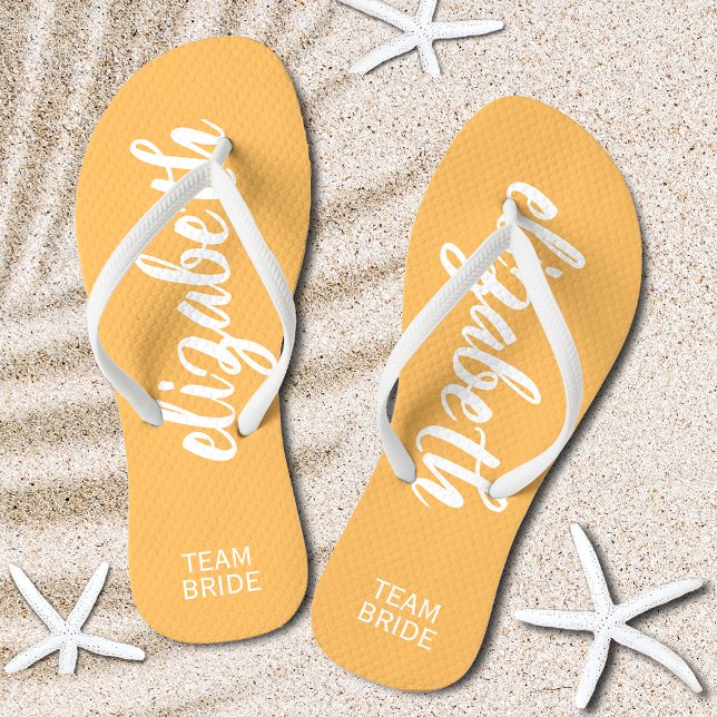 Personalized Team Bride Orange and White Flip Flops (Personalized Team Bride Melon Light Orange and White Flip Flops)