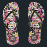 Personalized Team Bride Tropical Flowers Flip Flops<br><div class="desc">Flip flops personalized with a first name and "Team Bride." Great bridesmaid gift,  bachelorette party,  flat shoes for the wedding reception,  or a fun bridal shower favor. Change the color straps and footbed,  too! MATCHING items in our store.</div>