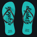Personalized Team Bride Turquoise Flip Flops<br><div class="desc">Turquoise blue - or any color - flip flops personalized with your name and "Team Bride" or any wording you choose. Great bridesmaid gift, bachelorette party, flat shoes for the wedding reception, or a fun bridal shower favor. Change the color straps and footbed, too! More colors done for you in...</div>
