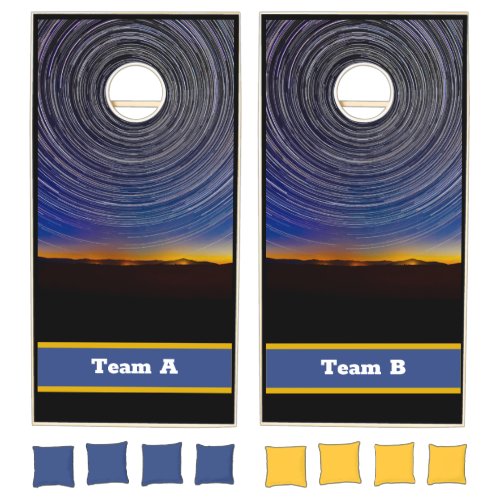 Personalized Team Names Blue Yellow Vortex Sunset Cornhole Set