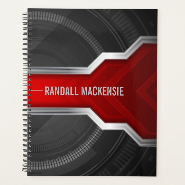 Personalized Techno-Themed Red and Black Planner (Front)