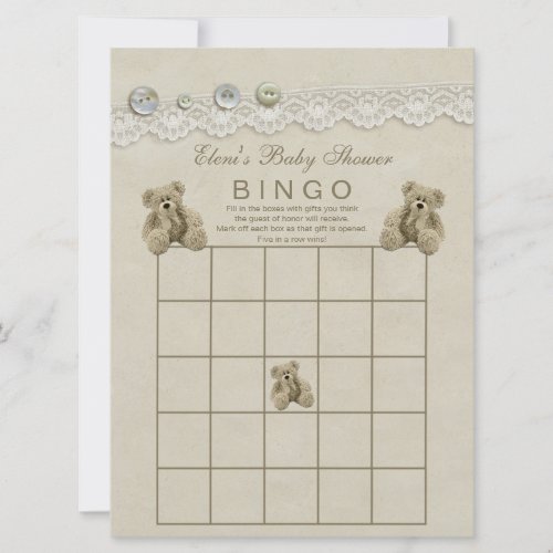 Personalized Teddy Baby Shower Bingo Invitation